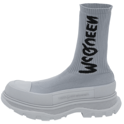 Ladies Alexander McQueen Gray White Graffiti Knit Tread Slick Boot