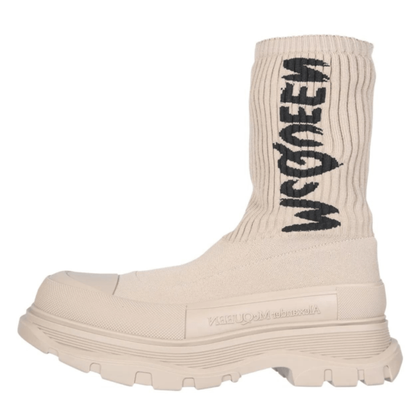 Ladies Alexander McQueen Graffiti Knit Tread Slick Boot In Off White