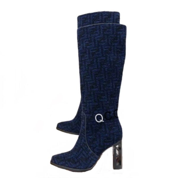 Ladies Fendi Blue High-heeled FF Chenille Boot