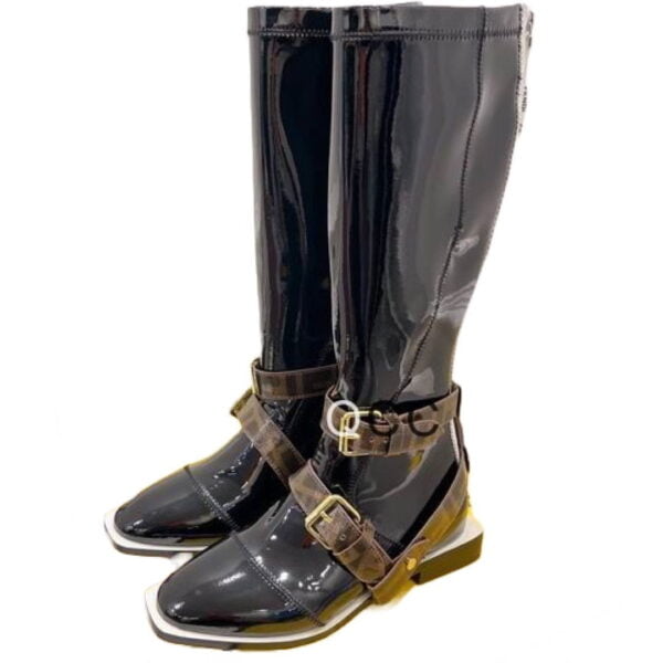 Ladies Fendi Black Patent Leather Buckle Knee-high Boot With Buckles