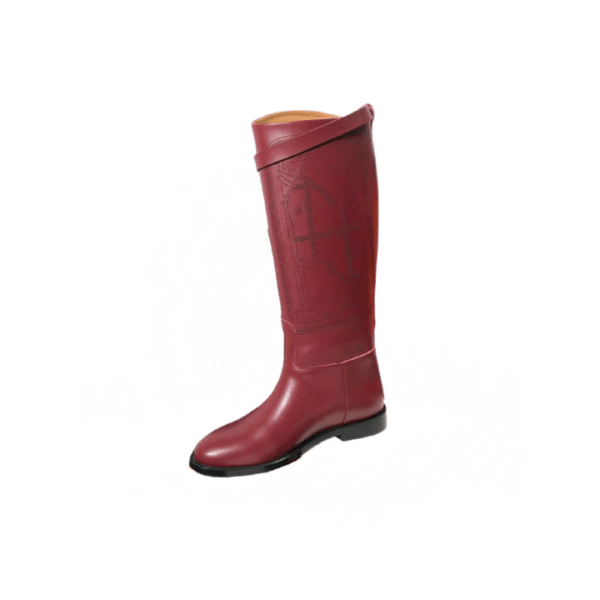 Ladies Hermes Red Leather Embroider Buckle Flat knee- high Jumping Boot