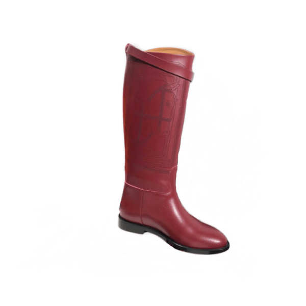 Ladies Hermes Red Leather Embroider Buckle Flat knee- high Jumping Boot