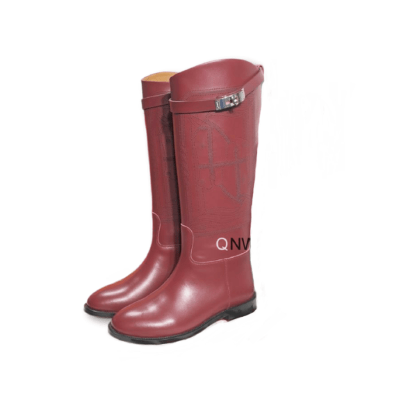 Ladies Hermes Red Leather Embroider Buckle Flat knee- high Jumping Boot