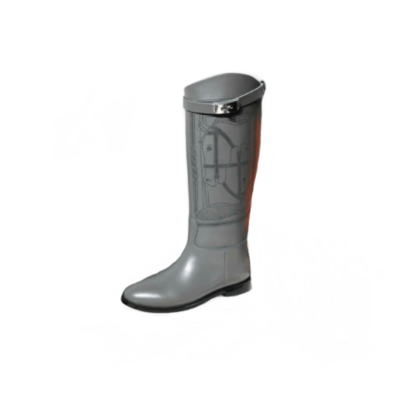 Ladies Hermes Grey Leather Embroider Buckle Flat Knee- high Jumping Boot