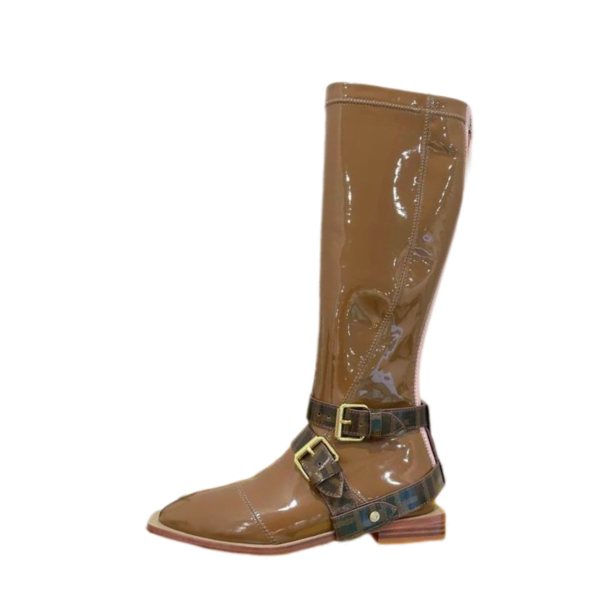 Ladies Fendi Brown Patent Leather Buckle Knee-high Boot