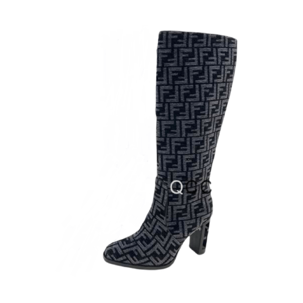 Ladies Fendi Grey Blue High-heeled FF Chenille Boot