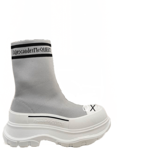 Ladies Alexander McQueen Gray Graffiti Knit Tread Slick Boot