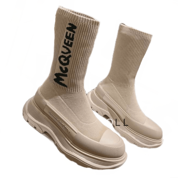 Ladies Alexander McQueen Light Brown Graffiti Knit Tread Slick Boot