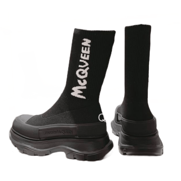 Ladies Alexander McQueen Black Graffiti Knit Tread Slick Boot