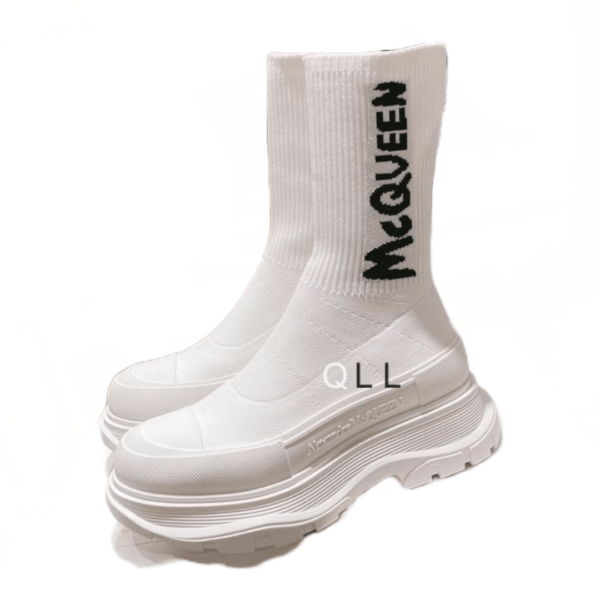 Ladies Alexander McQueen Graffiti Knit Tread Slick Boot in White