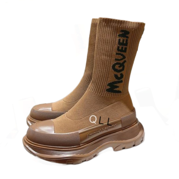 Ladies Alexander McQueen Brown Graffiti Knit Tread Slick Boot