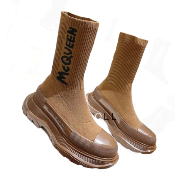 Ladies Alexander McQueen Brown Graffiti Knit Tread Slick Boot