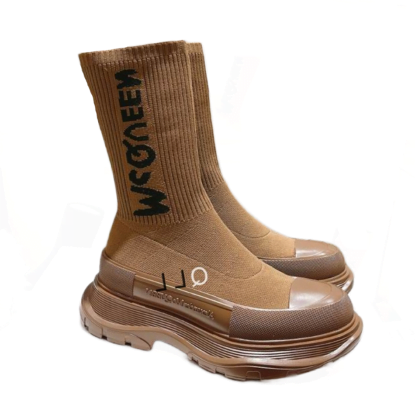 Ladies Alexander McQueen Brown Graffiti Knit Tread Slick Boot