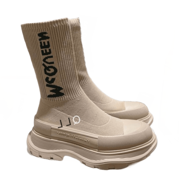 Ladies Alexander McQueen Light Brown Graffiti Knit Tread Slick Boot