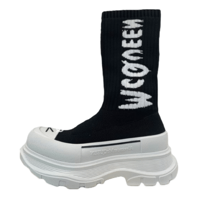 Ladies Alexander McQueen Black White Graffiti Knit Tread Slick Boot