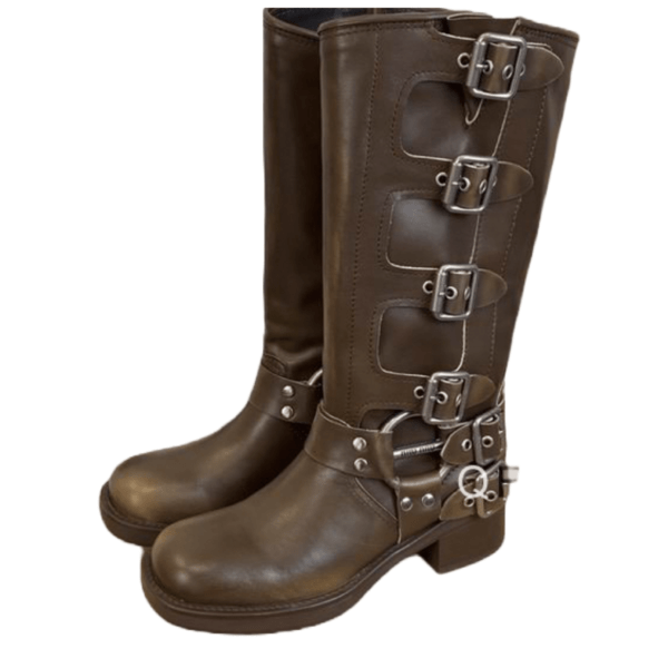 Ladies Miu Miu Brown Decorative-strap Rounded Toe Boot