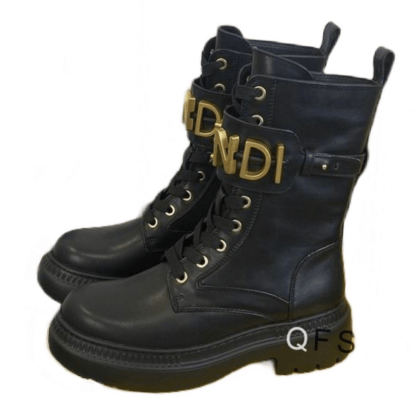 Ladies Fendigraphy Black Leather Biker Boot With Gold Logo Buckle