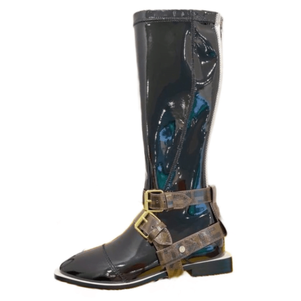 Ladies Fendi Black Patent Leather Buckle Knee-high Boot With Buckles