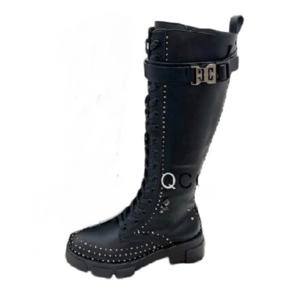 Ladies Givenchy Black Leather Flatform Knee-High Boot With Studs and Buckle