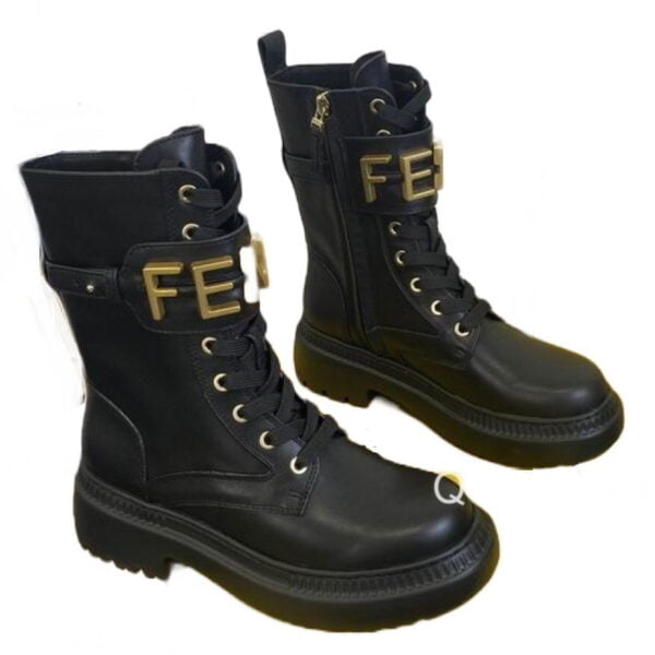 Ladies Fendigraphy Black Leather Biker Boot With Gold Logo Buckle