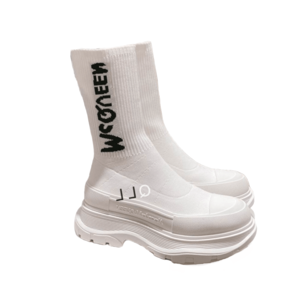 Ladies Alexander McQueen Graffiti Knit Tread Slick Boot in White