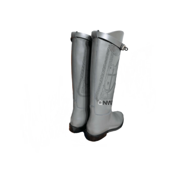 Ladies Hermes Grey Leather Embroider Buckle Flat Knee- high Jumping Boot