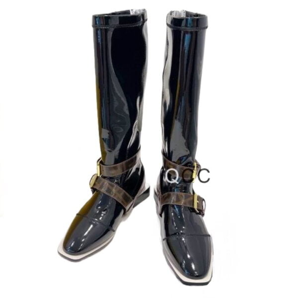 Ladies Fendi Black Patent Leather Buckle Knee-high Boot With Buckles