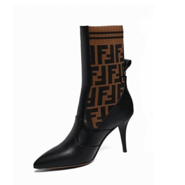 Ladies Fendi Black Brown Leather Fabric Pointed Toe Ankle Boot