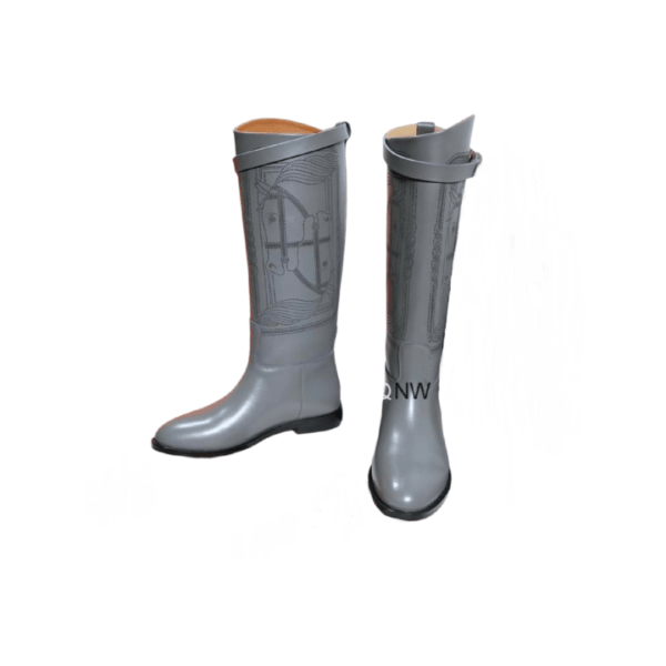 Ladies Hermes Grey Leather Embroider Buckle Flat Knee- high Jumping Boot