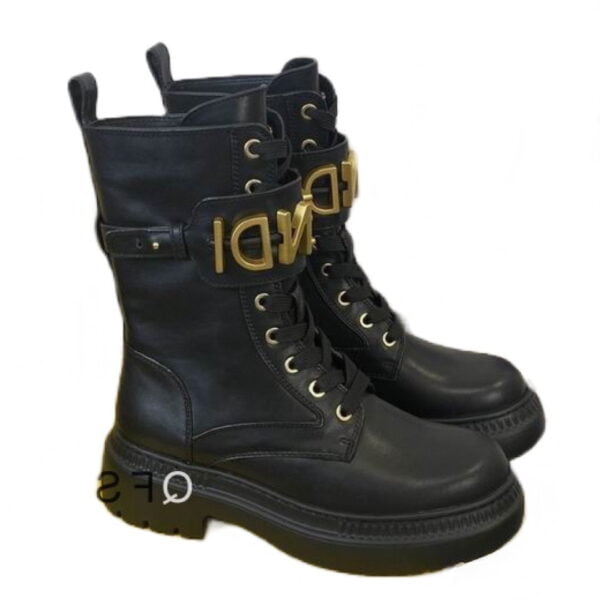 Ladies Fendigraphy Black Leather Biker Boot With Gold Logo Buckle