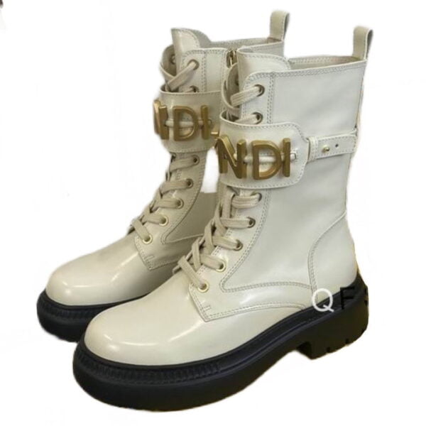 Ladies Fendigraphy White Leather Biker Boot With Buckle