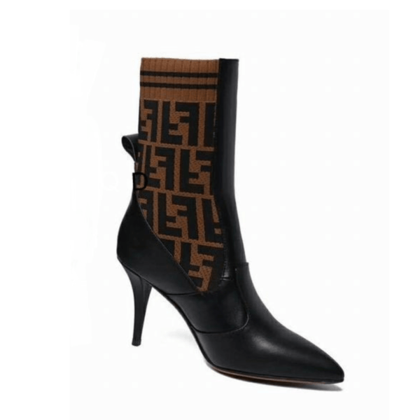 Ladies Fendi Black Brown Leather Fabric Pointed Toe Ankle Boot