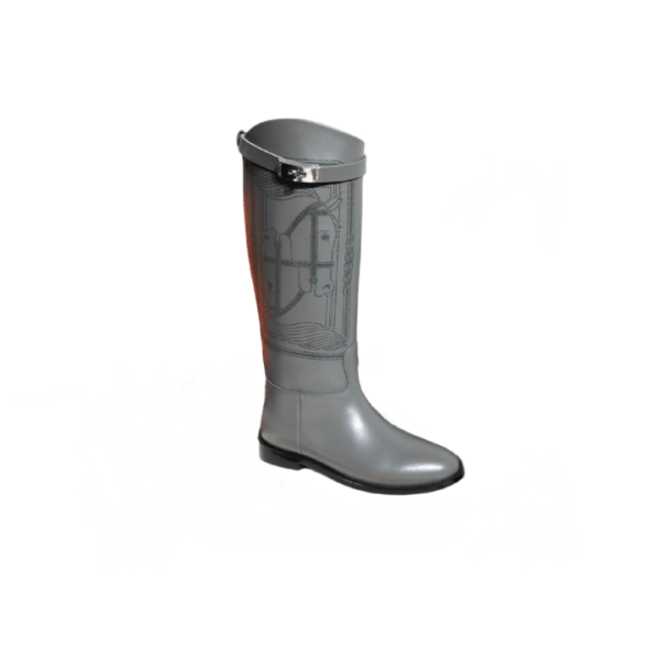 Ladies Hermes Grey Leather Embroider Buckle Flat Knee- high Jumping Boot