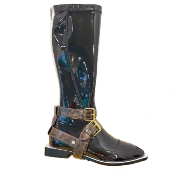 Ladies Fendi Black Patent Leather Buckle Knee-high Boot With Buckles