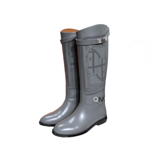 Ladies Hermes Grey Leather Embroider Buckle Flat Knee- high Jumping Boot