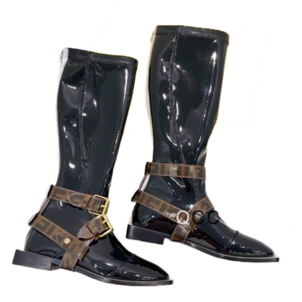 Ladies Fendi Black Patent Leather Buckle Knee-high Boot With Buckles