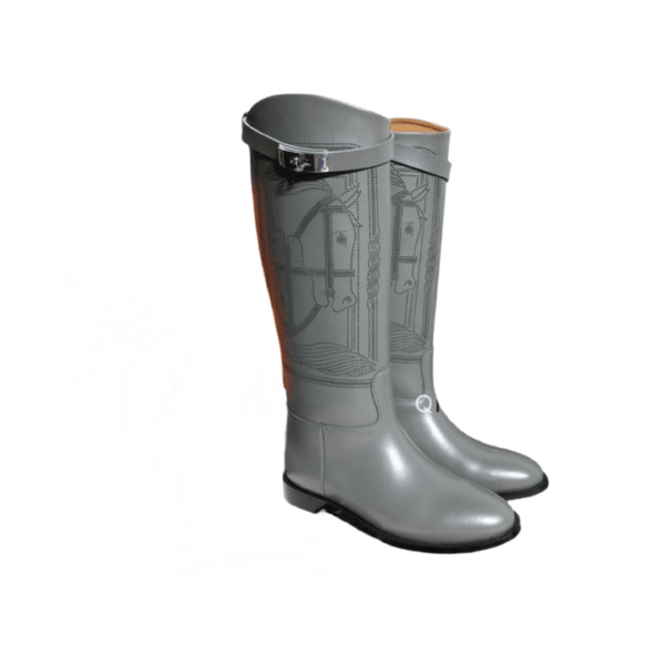 Ladies Hermes Grey Leather Embroider Buckle Flat Knee- high Jumping Boot