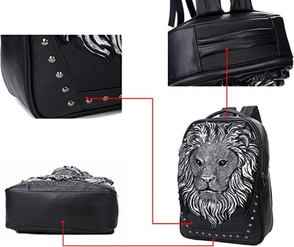 TUS 3D Lion Silver Studded Leather Backpack