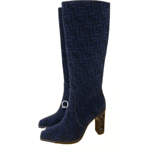 Ladies Fendi Blue High-heeled FF Chenille Boot