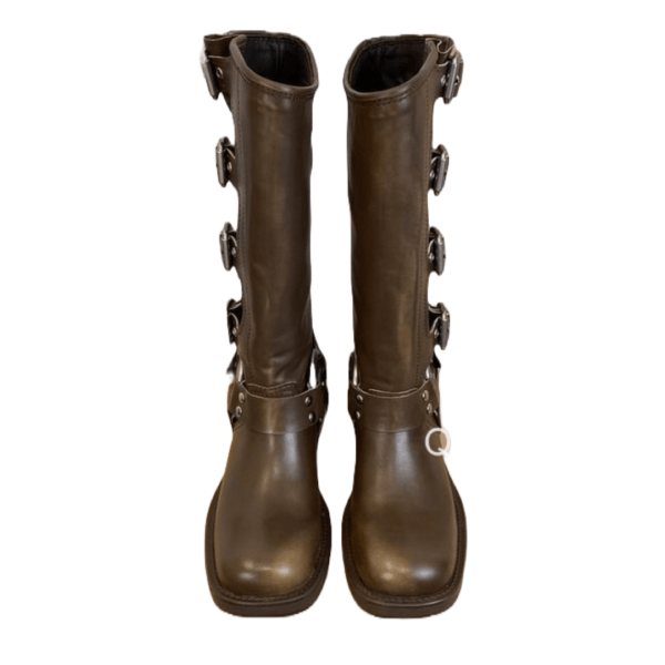 Ladies Miu Miu Brown Decorative-strap Rounded Toe Boot