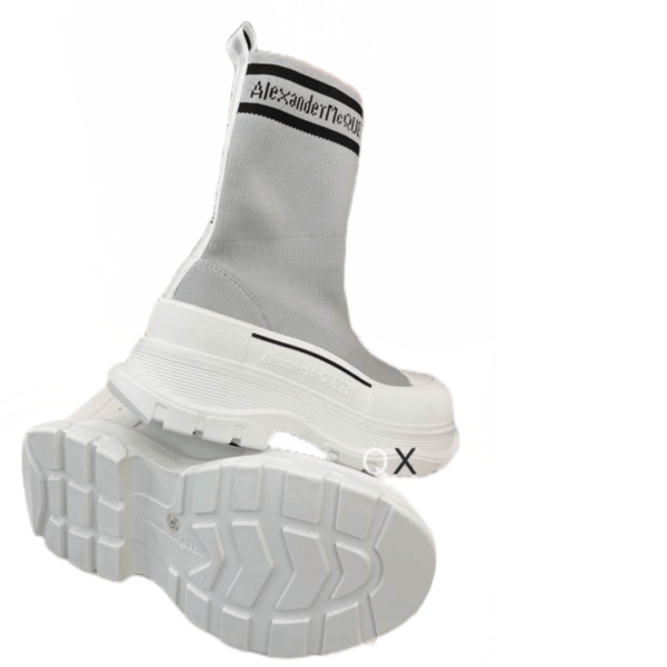 Ladies Alexander McQueen Gray Graffiti Knit Tread Slick Boot