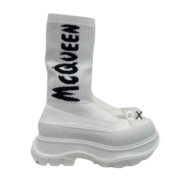 Ladies Alexander McQueen White Graffiti Knit Tread Slick Boot