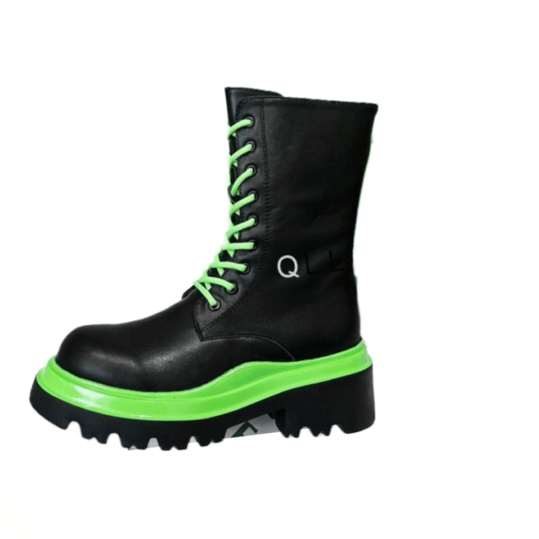 Ladies Bottega Veneta Black Lime Leather Lug Lace-Up Boot