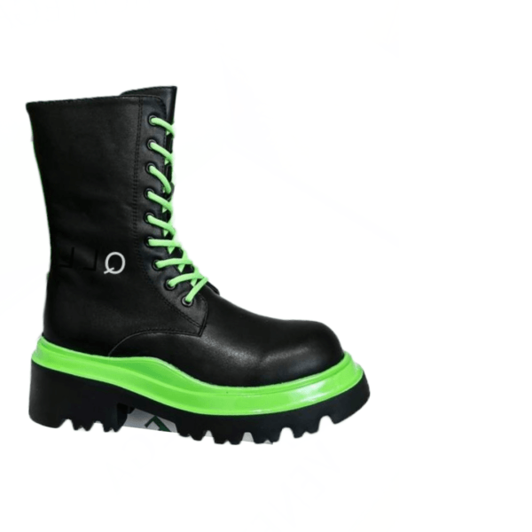 Ladies Bottega Veneta Black Lime Leather Lug Lace-Up Boot