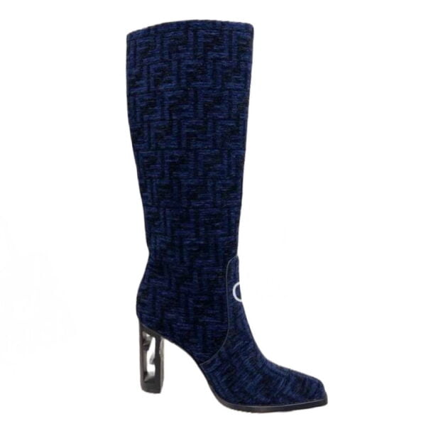 Ladies Fendi Blue High-heeled FF Chenille Boot