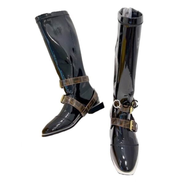 Ladies Fendi Black Patent Leather Buckle Knee-high Boot With Buckles