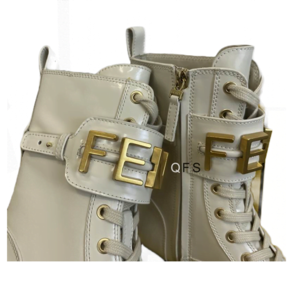 Ladies Fendigraphy White Leather Biker Boot With Buckle