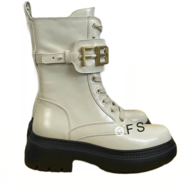 Ladies Fendigraphy White Leather Biker Boot With Buckle