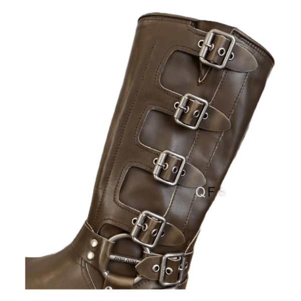 Ladies Miu Miu Brown Decorative-strap Rounded Toe Boot