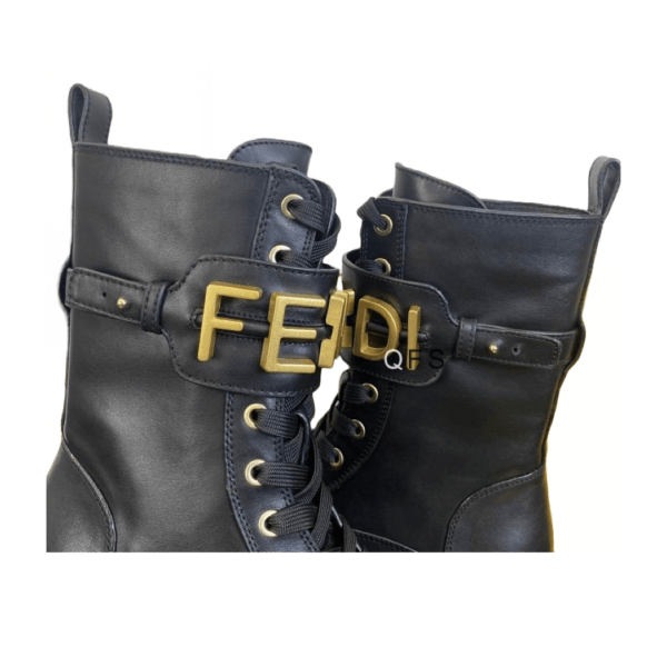 Ladies Fendigraphy Black Leather Biker Boot With Gold Logo Buckle